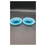 2 Vtg Blue Opalescent Hobnail Glass Plates