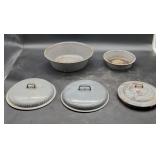 2 Enamel Bowls & 3 Misc Enamel Lids