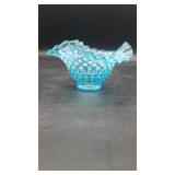 Vtg Blue Opalescent Hobnail Glass Ruffled