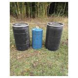 2 Med Size Black Barrels, 1 Small Blue Barrel