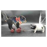 Pull Alone Toy Wood Cat & Glass Bank Pig