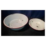 2 Red/White Enamel Wash Basins