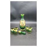 Bohemian Green/Gold Glass Cordial Decanter Set