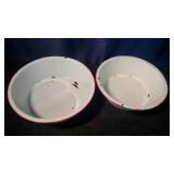 2 Red/White Enamel Wash Basins