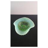 Green Opalescent Ruffled Edge Footed Bowl