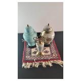 2 Oriental Ginger Jars & Brass Accent Pitcher &