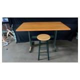 Wooden Table with Green Paint and Stool