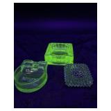 2 Uranium Ashtrays and 1 Green Glass Candle Holder