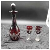 Bohemian Red Crystal Decanter and 2 stemmed goblet