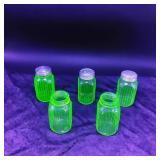 Set of 5 Light Green Uranium Glass Spice Jars