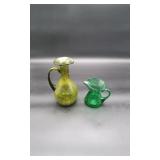 2 Crackle Glass Green Pitchers