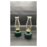 Two Lamplight Farms Model 330 Green Oil Lamps