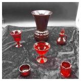 6 Red Depression Glass Items