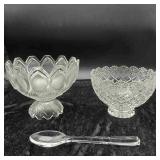 2 Footed Crystal Bowls and Glass Spoon