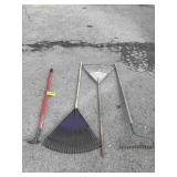 Two Yard Rakes, Hoe, and Metal Rake