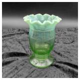 Fenton? Opalescent Green Glass vase, Ruffle Edges