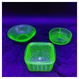 3 serving dishes of Depression Uranium Glass