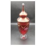 Ruby Red Glass Lided Vase W/ Etched Floral Design
