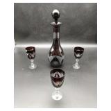 Bohemian Ruby Cut Glass Decanter and 3 Goblets