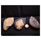 3 Leather Baseball Mitts & a Baseball