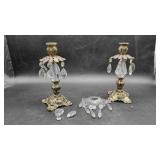 2 Brass & Crystal Candle Holders