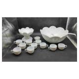 Milk Glass Punchbowl, Serving Spoon & Cups