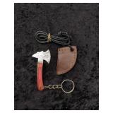 Damascus Micro Axe keychain in leather Sheath