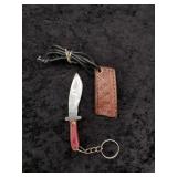 Damascus Micro Bowie Keychain in Leather Sheath