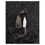 Damascus Micro Chopper keychain in leather Sheath