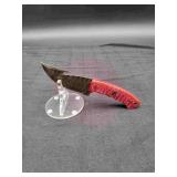Damascus 4" Hammered Gut Hook Knife in leather She