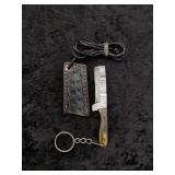 Damascus Micro Tanto Keychain in leather Sheath