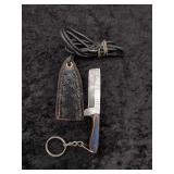 Damascus Micro Tanto Keychain in leather sheath
