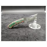 Damascus 4" Gut Hook Knife in Leather Sheath