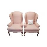 2 Pink Winged Back Arm Chairs.