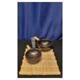 Two Black Terracota Sauce Bowls and Misc