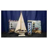 Handcrafted Wooden Sailboat, Lighthouse, Misc