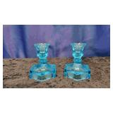 Blue Fostoria Coin Glass Candle Stick Holders (2)