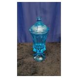 Blue Fostoria Coin Glass Footed Urn With Lid