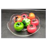 7 Pieces Of Glass Fruit With Clear Bowl.