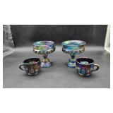 Two Blue Carnival Compotes & Cups