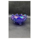Blue Fotted Irasdescent Ruffled Carnival Bowl.