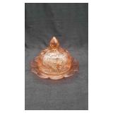 Pink Thistle Pattern Butter Dish With Lid.