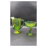 2 Green Indiana Carnival Glass Pitcher & Compote.