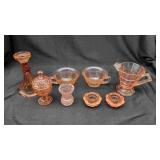 8 Pink Depression Glass Items.