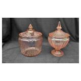 2 Pink Depression Glass Lidded Jars.