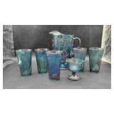 Indiana Blue Carnival Pitcher W/ 4 Glass Creamer