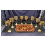 Brass & Floral Serving Tray W/8 Brass Goblets