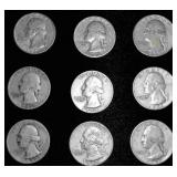 9 United States pre-1963 Silver Quarters