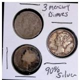 3 Mercury Silver Dimes in protective cover