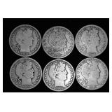 6 Barber Silver Half Dollars